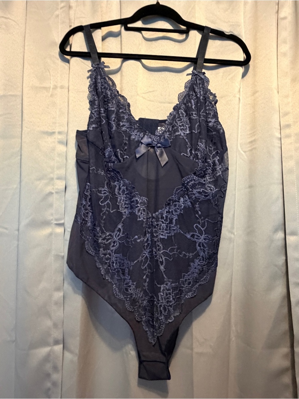 Navy Lace Sheer Bodysuit with Bow Accent - Women Intimates